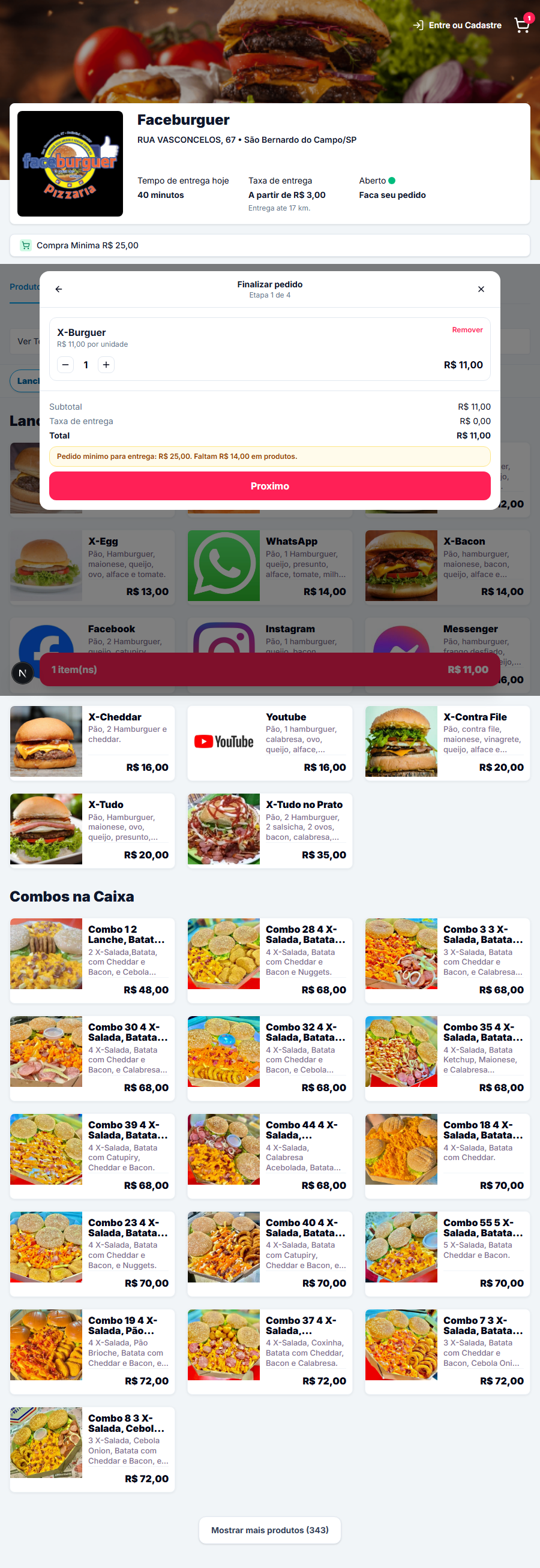 Tela do cardapio online do R&C Burguer